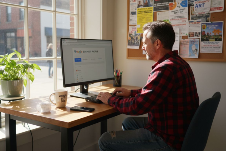 A man in a red flannel shirt sits at a desk managing a Google Business Profile.