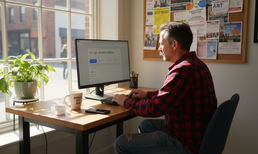 A man in a red flannel shirt sits at a desk managing a Google Business Profile.
