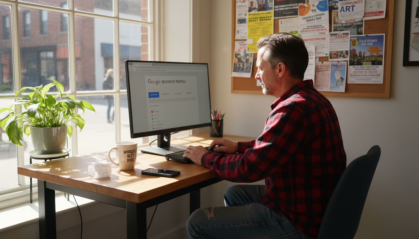 A man in a red flannel shirt sits at a desk managing a Google Business Profile.