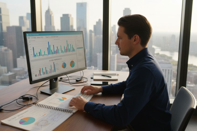 Man analyzing data charts on a computer screen in a high-rise office overlooking a city skyline.