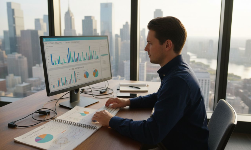 Man analyzing data charts on a computer screen in a high-rise office overlooking a city skyline.