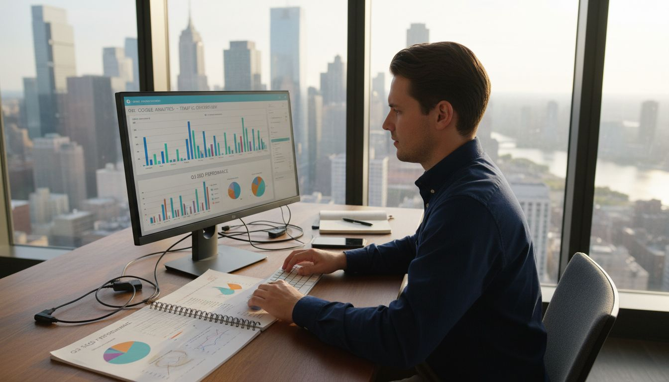 Man analyzing data charts on a computer screen in a high-rise office overlooking a city skyline.