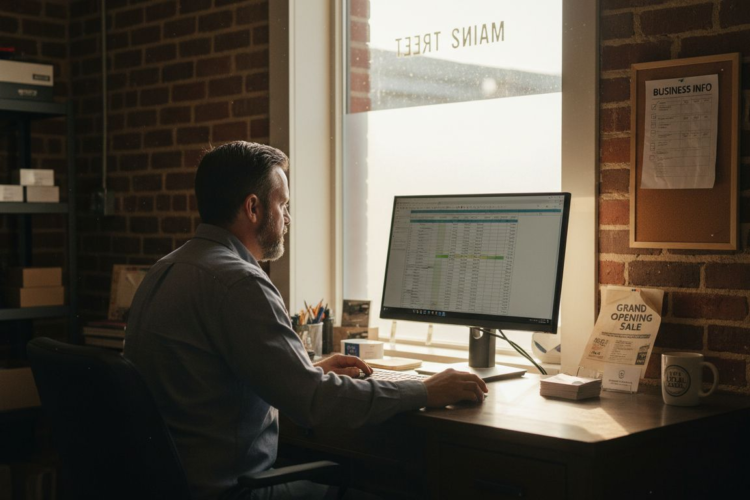 A man sits at a desk in a brick office, working on a spreadsheet on his computer.