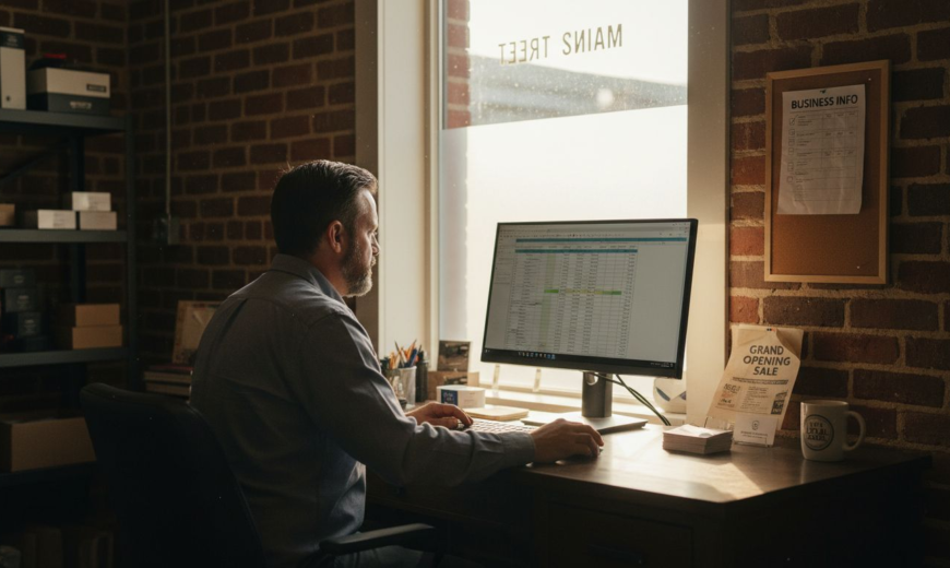 A man sits at a desk in a brick office, working on a spreadsheet on his computer.