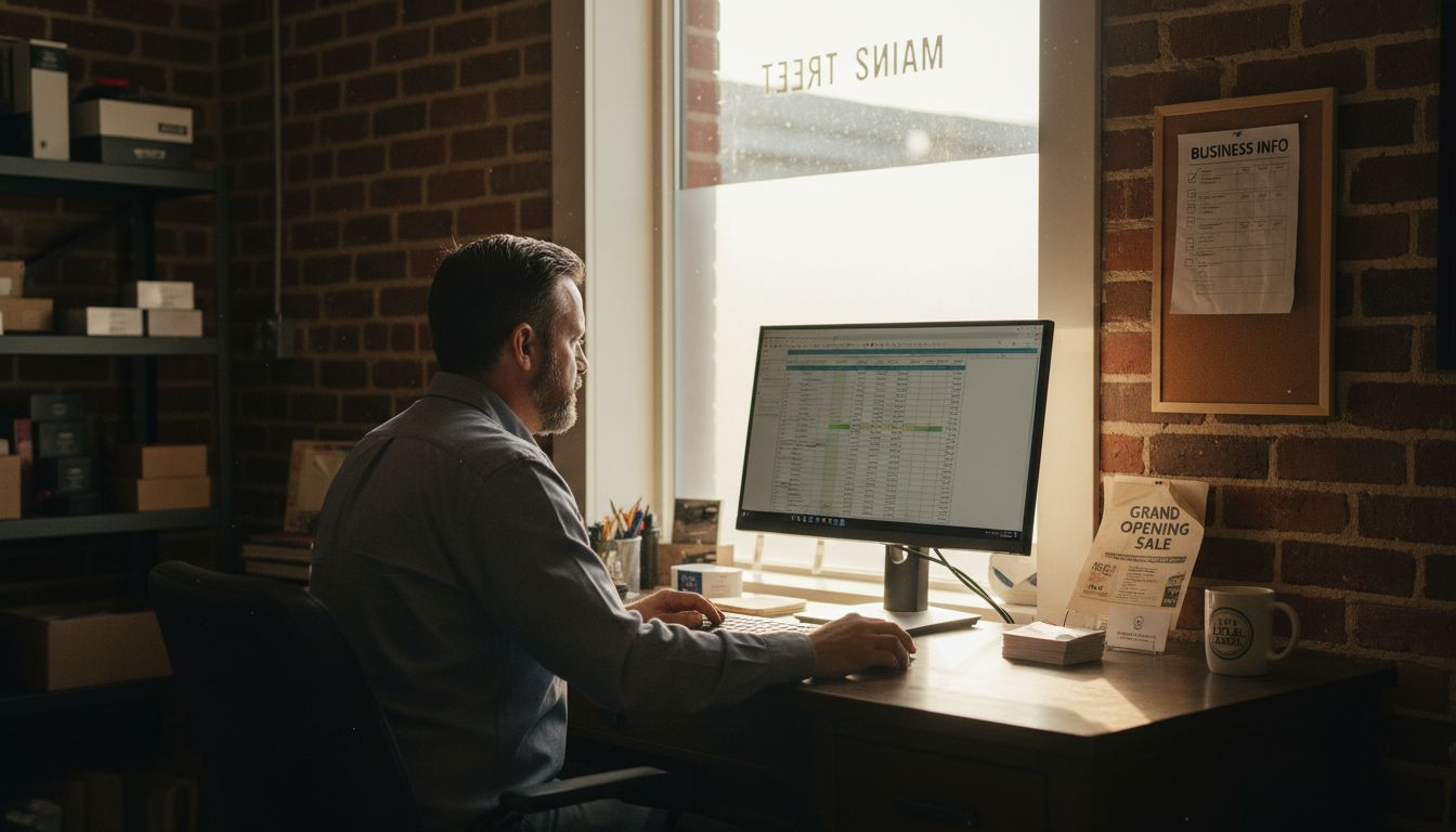 A man sits at a desk in a brick office, working on a spreadsheet on his computer.
