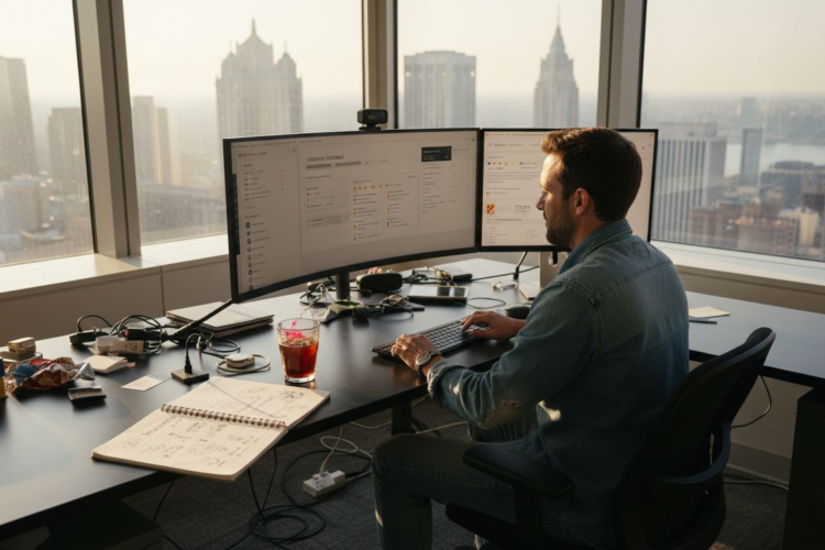 Man working at a desk with dual monitors overlooking a city skyline during a hazy sunset.