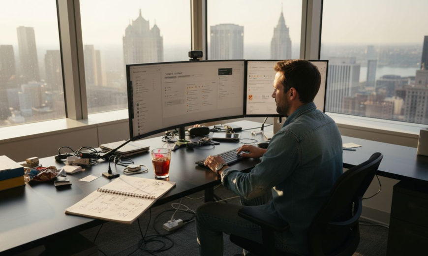 Man working at a desk with dual monitors overlooking a city skyline during a hazy sunset.