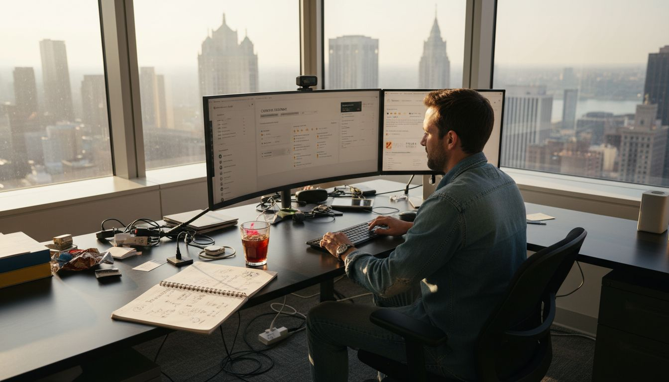 Man working at a desk with dual monitors overlooking a city skyline during a hazy sunset.