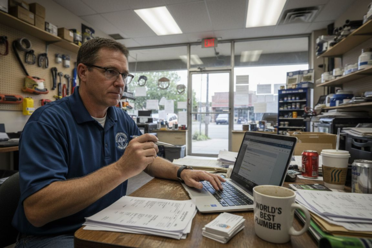 A man in a blue polo shirt works on a laptop at a desk with papers.