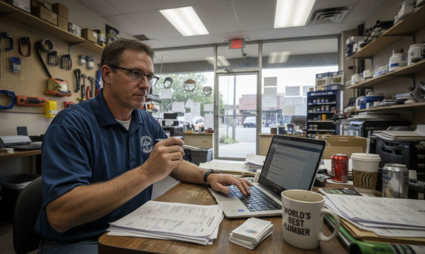 A man in a blue polo shirt works on a laptop at a desk with papers.