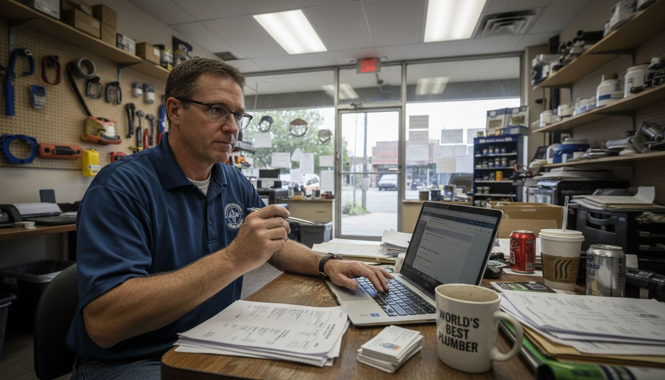 A man in a blue polo shirt works on a laptop at a desk with papers.