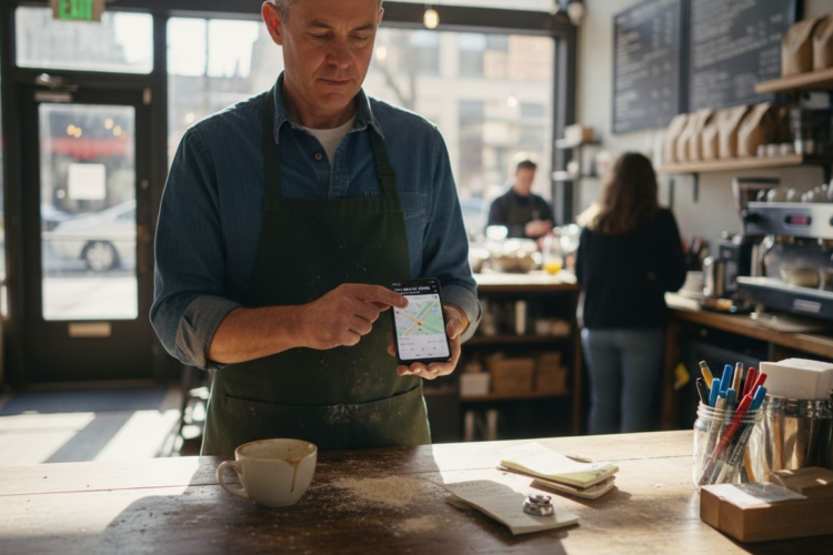 A barista in a green apron shows a map on a smartphone inside a busy coffee shop.
