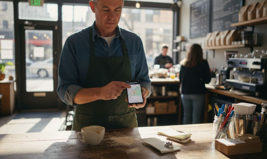 A barista in a green apron shows a map on a smartphone inside a busy coffee shop.