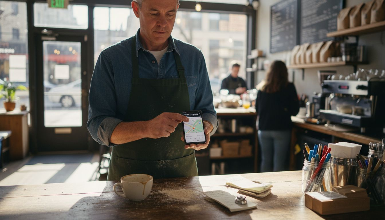 A barista in a green apron shows a map on a smartphone inside a busy coffee shop.