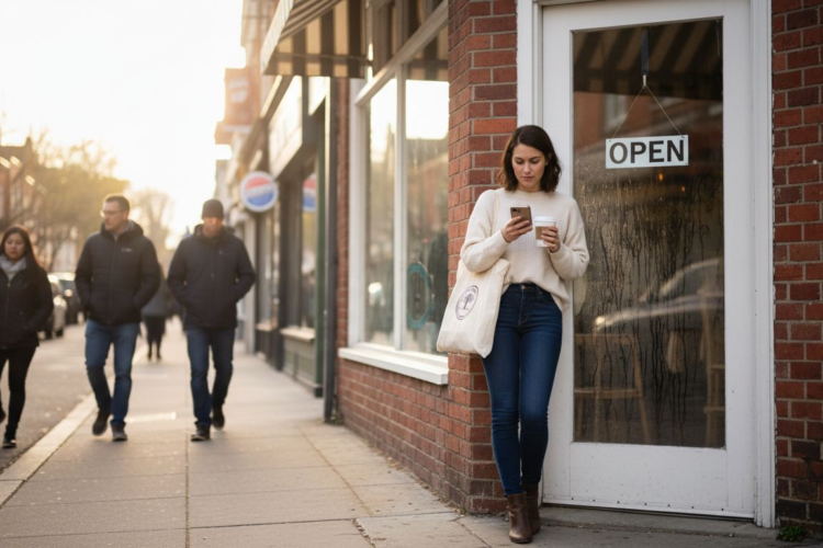 A woman in a cream sweater uses her phone while standing outside a store with people walking.