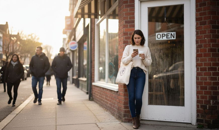A woman in a cream sweater uses her phone while standing outside a store with people walking.