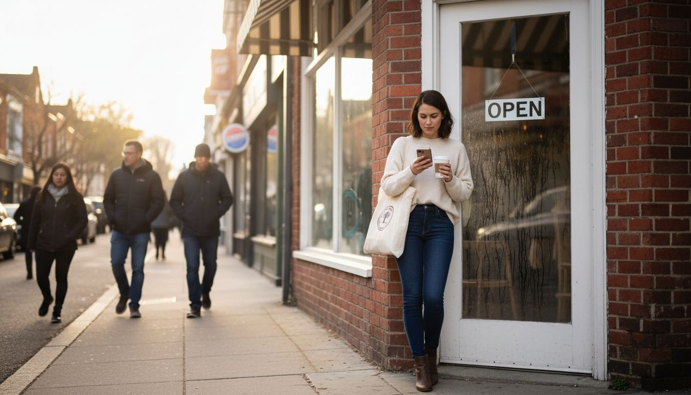 A woman in a cream sweater uses her phone while standing outside a store with people walking.