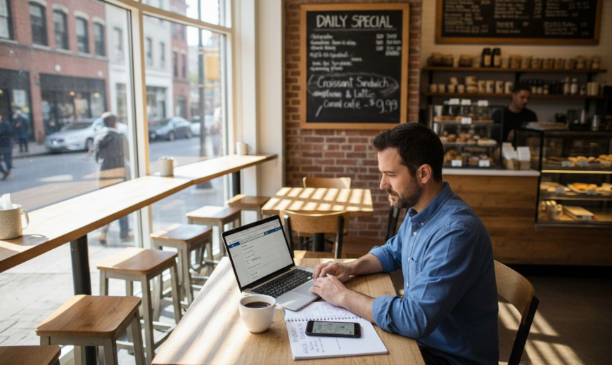 Man in blue shirt works on laptop in bright cafe with coffee, notebook, and street view.