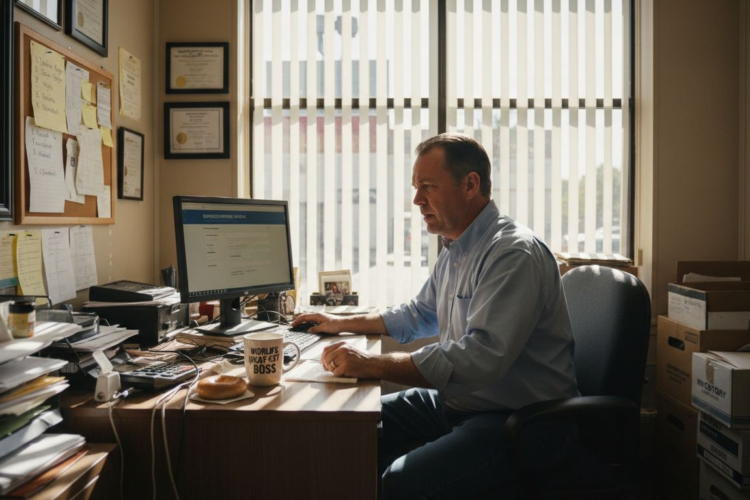 A man in a blue shirt works at a cluttered desk with a computer and coffee mug.