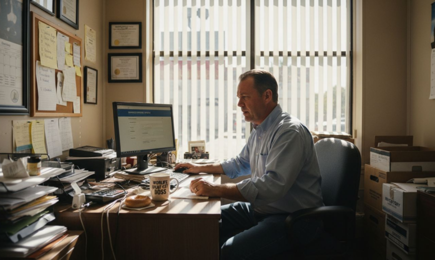 A man in a blue shirt works at a cluttered desk with a computer and coffee mug.