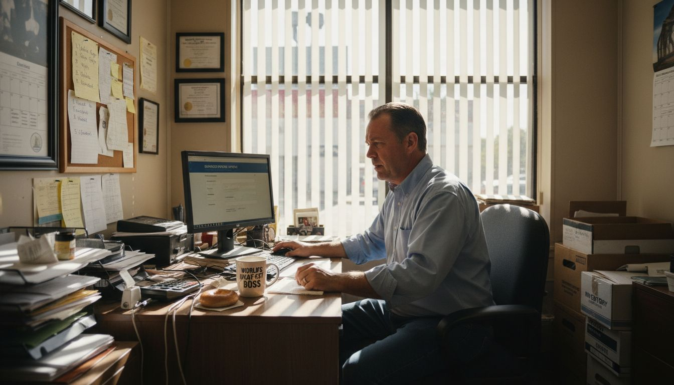 A man in a blue shirt works at a cluttered desk with a computer and coffee mug.