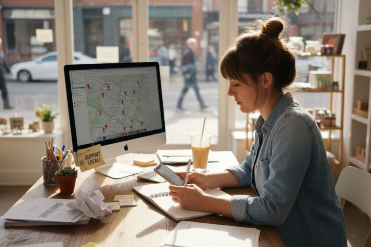 Woman in denim shirt sits at a sunny desk using a phone beside a large computer.