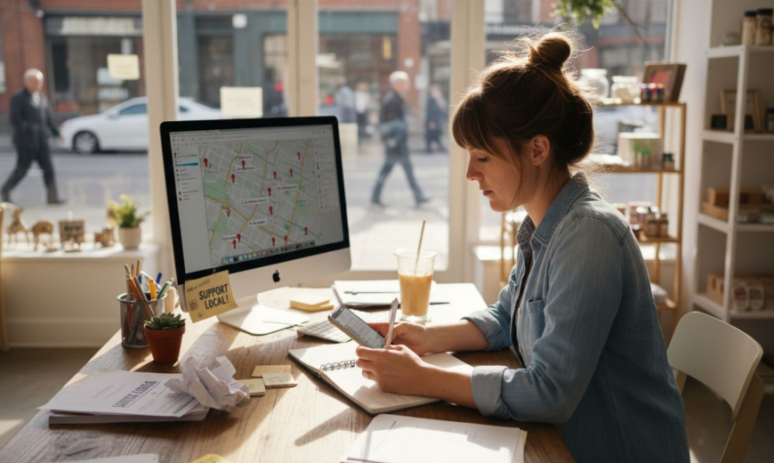 Woman in denim shirt sits at a sunny desk using a phone beside a large computer.