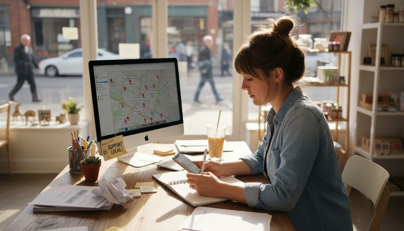 Woman in denim shirt sits at a sunny desk using a phone beside a large computer.
