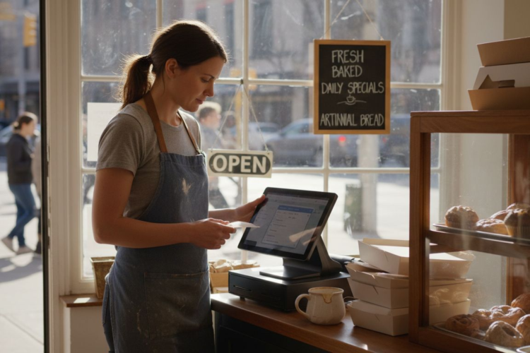 A woman in a blue apron manages a digital point of sale system inside a sunlit bakery.