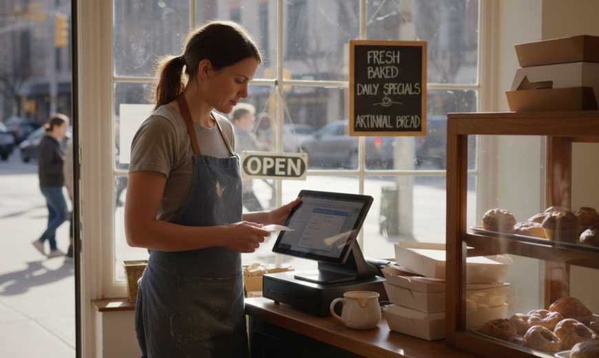 A woman in a blue apron manages a digital point of sale system inside a sunlit bakery.