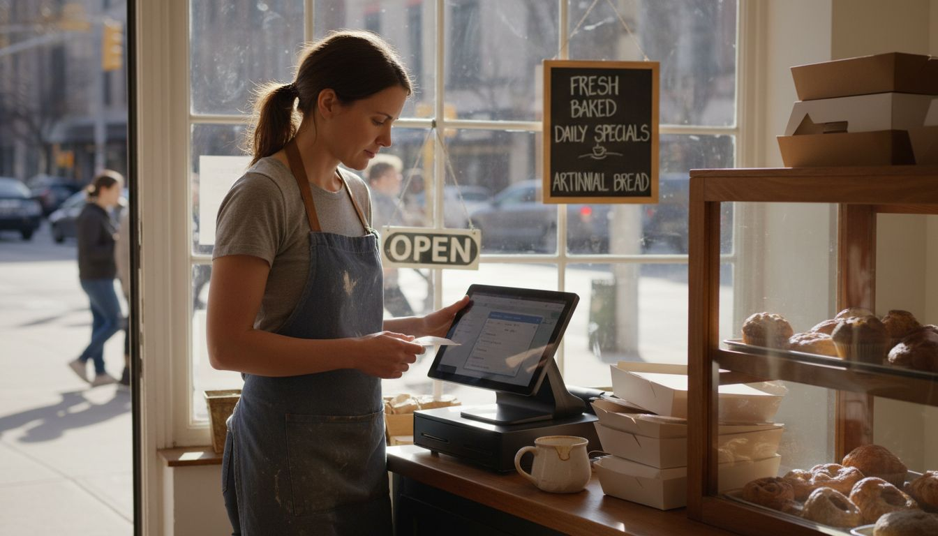 A woman in a blue apron manages a digital point of sale system inside a sunlit bakery.