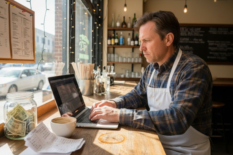 A man wearing an apron works on a laptop at a cafe counter with a tip jar.