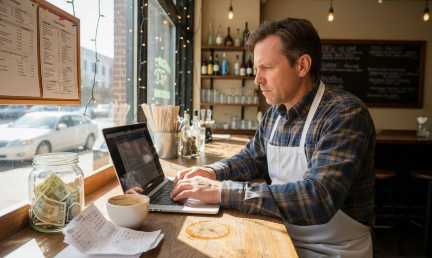 A man wearing an apron works on a laptop at a cafe counter with a tip jar.
