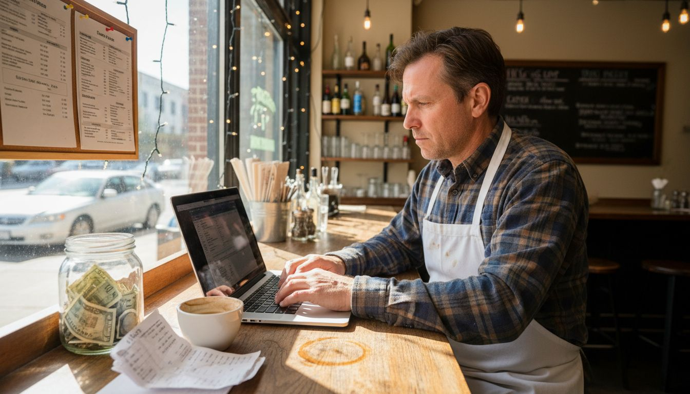 A man wearing an apron works on a laptop at a cafe counter with a tip jar.