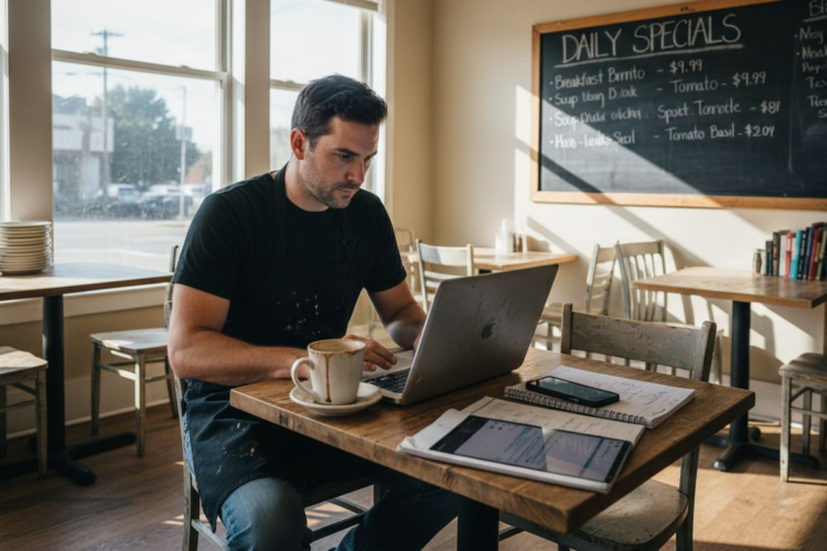A man in a black apron works on a laptop at a cafe table with coffee.