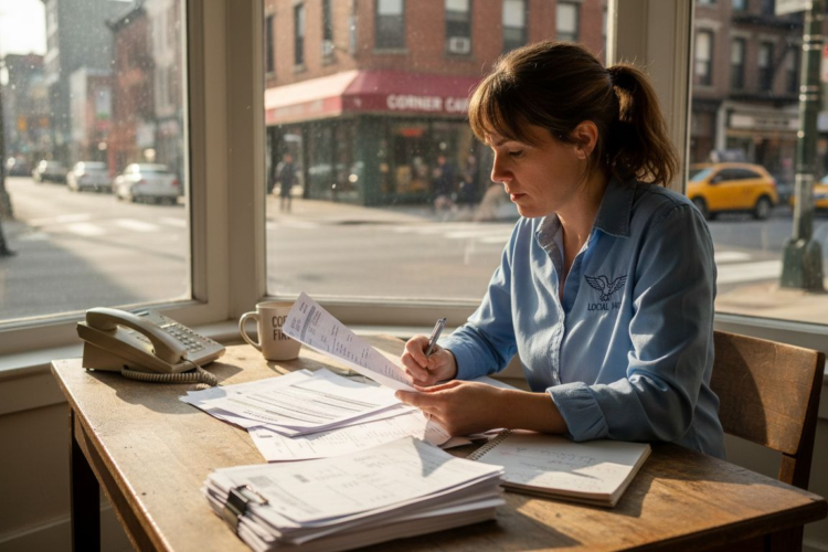 A woman in a blue shirt sits at a desk by a window reviewing several paper documents.