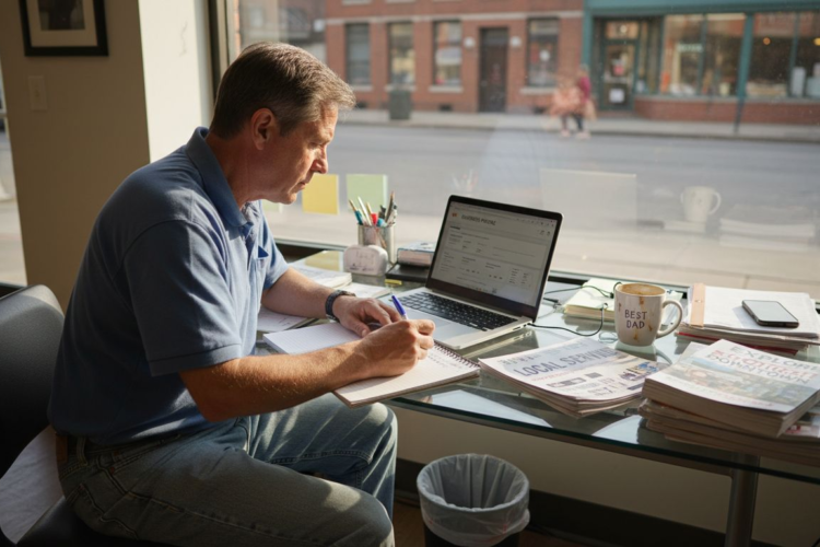 Man in a blue shirt takes notes at a desk with a laptop and coffee mug.
