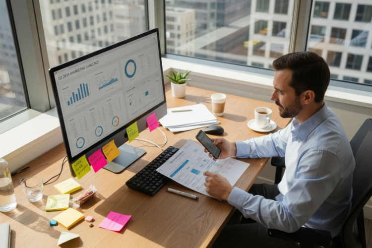 Professional businessman in a high-rise office analyzing marketing data charts on a computer and mobile phone.