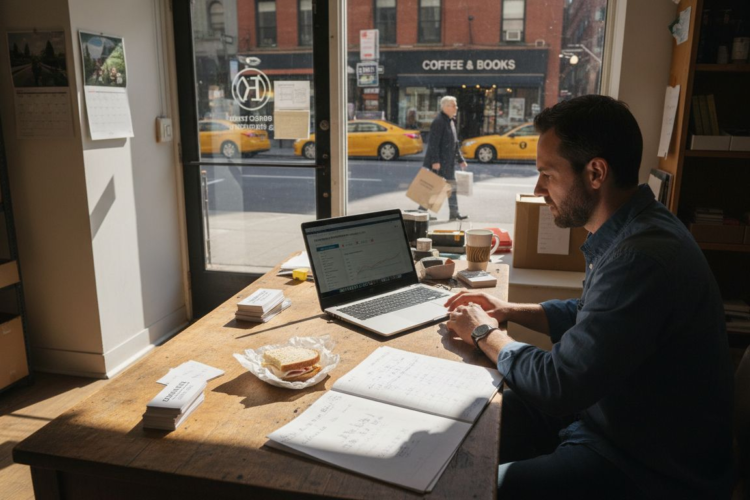 A man works on a laptop at a sunny desk with street views of yellow taxis.