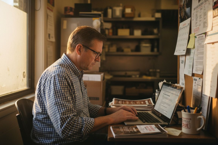 A man in a checkered shirt and glasses works on a laptop at a cluttered desk.