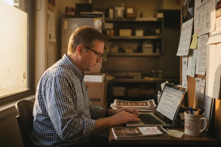 A man in a checkered shirt and glasses works on a laptop at a cluttered desk.