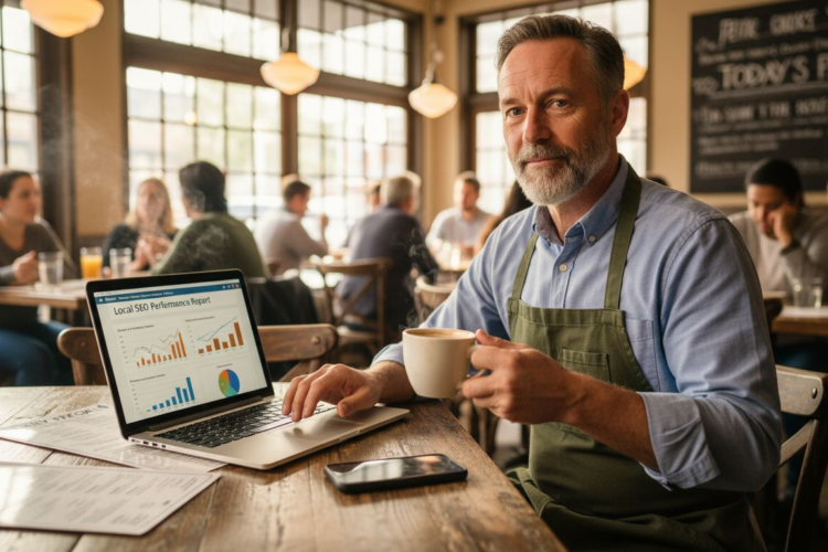 A mature man in a green apron holding coffee while reviewing local SEO performance on a laptop.