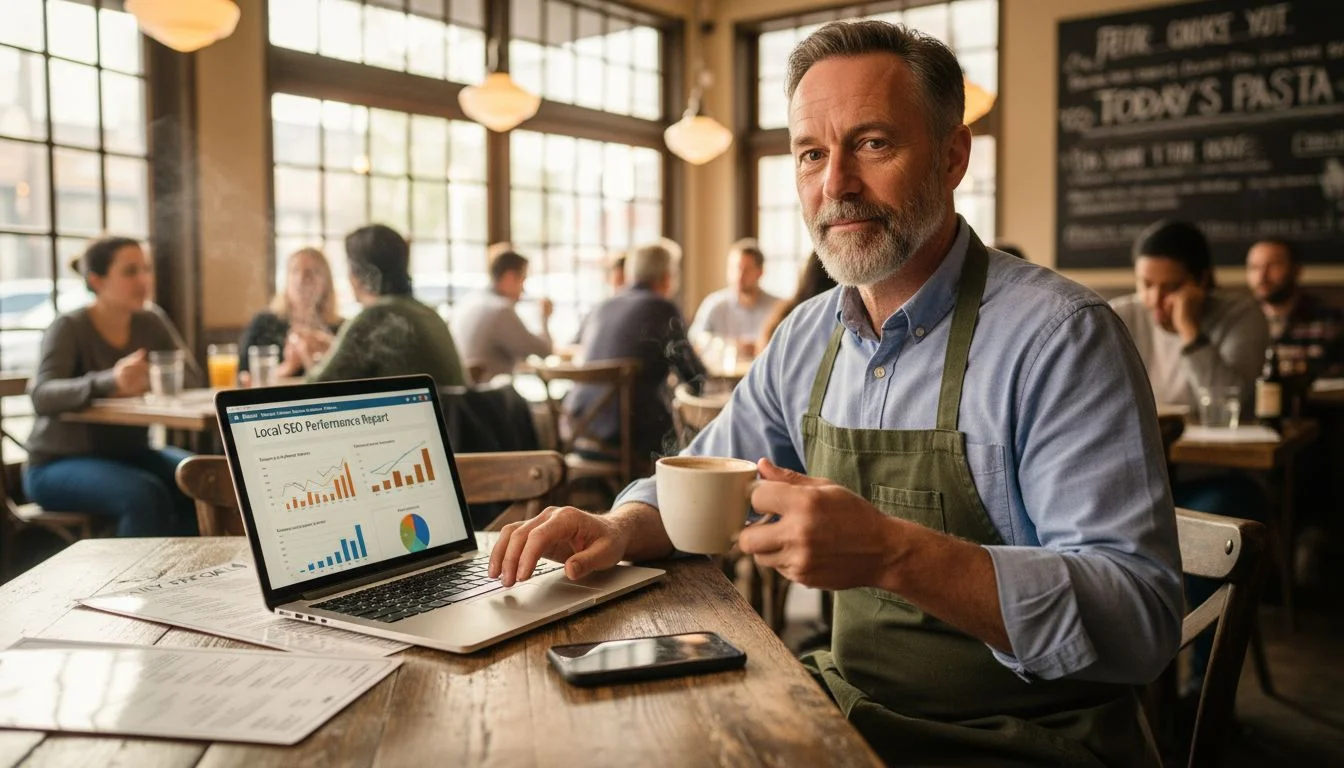 A mature man in a green apron holding coffee while reviewing local SEO performance on a laptop.