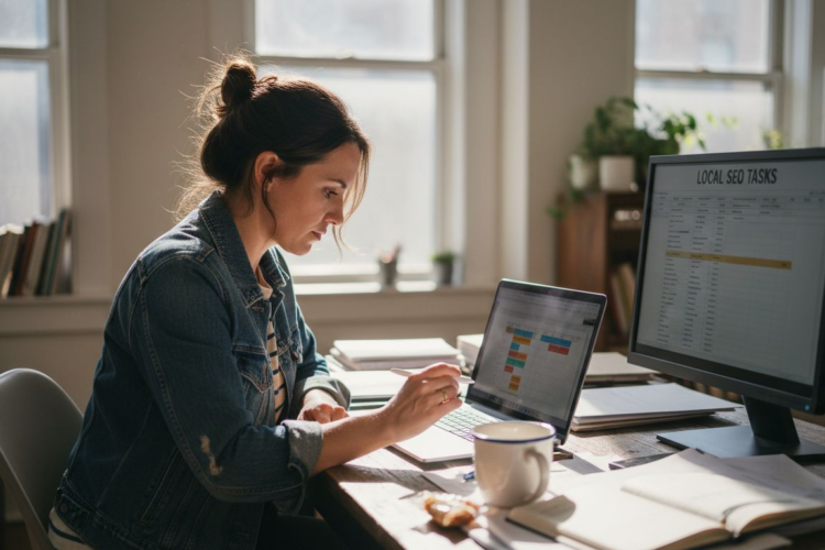 A woman in a denim jacket works on a laptop at a desk with local SEO tasks.