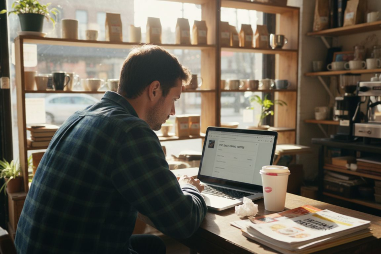 a person in check shirt working on comuter while having a coffee