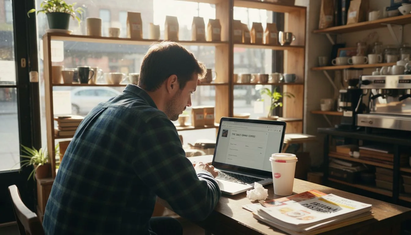 a person in check shirt working on comuter while having a coffee