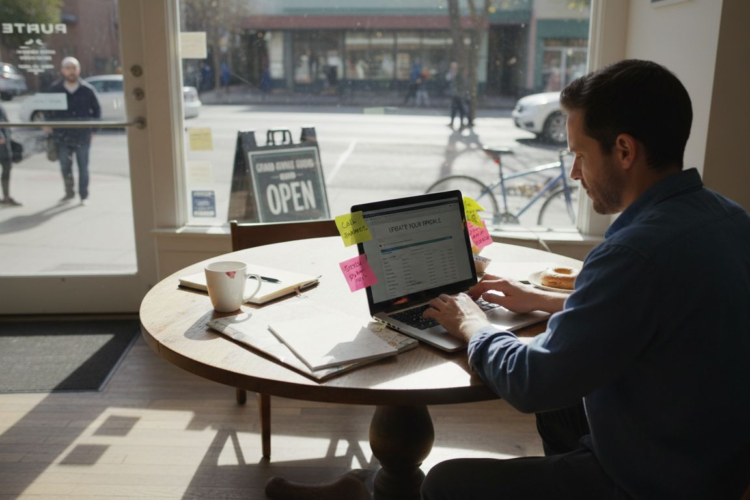 a man working on his system in a cafe