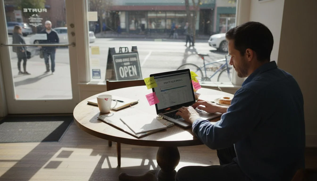 a man working on his system in a cafe