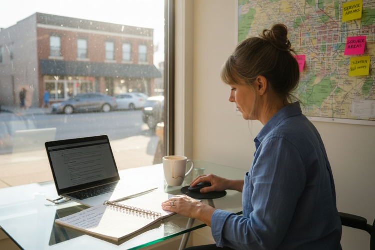 a woman working on sytem and taking notes with a hot cup of tea.