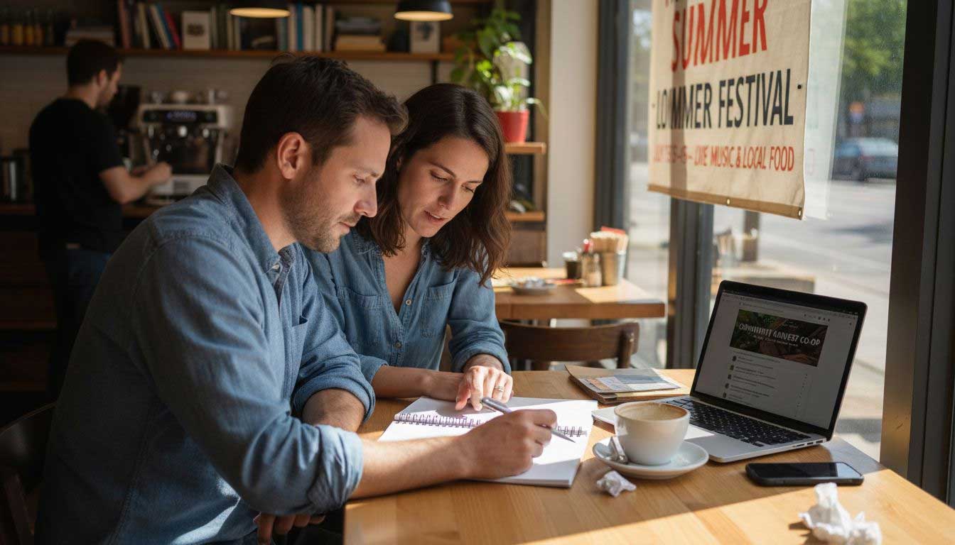 Small business owners planning local SEO strategy together with laptop and notes